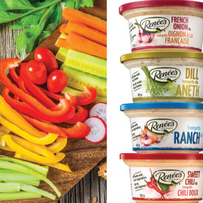 Renee's gourmet four different flavoured dips with chopped vegetables and croppped to the left