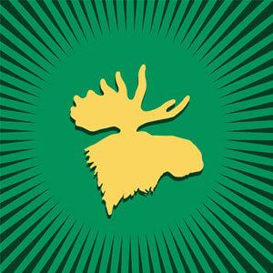 yellow moosehead shape on green and black sunrays background